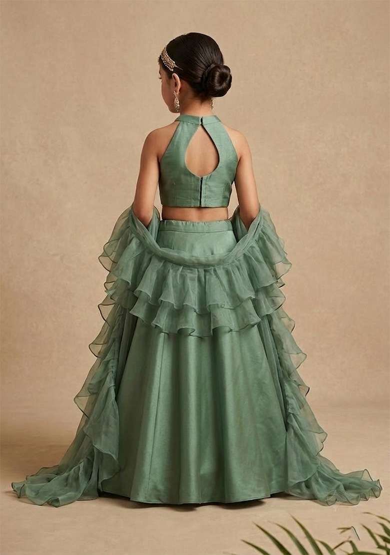 Girls Olive Green Satin Handwork Lehenga Set - Indya