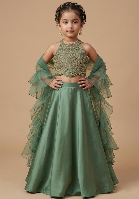 Girls Olive Green Satin Handwork Lehenga Set