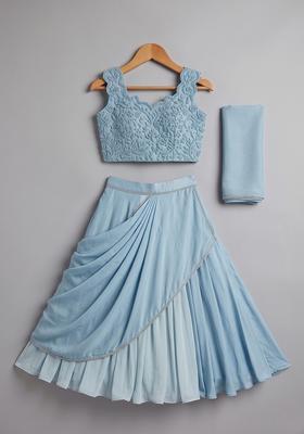 Girls Powder Blue Crepe Handwork Lehenga Set