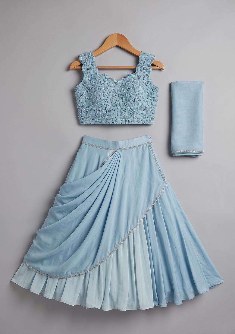 Girls Powder Blue Crepe Handwork Lehenga Set - Indya