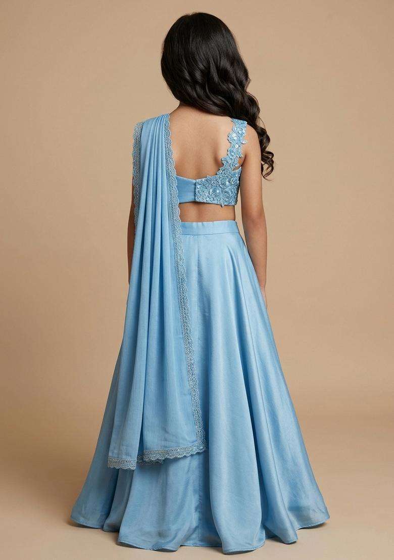 Girls Powder Blue Crepe Handwork Lehenga Set - Indya
