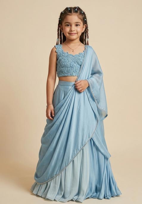 Girls Powder Blue Crepe Handwork Lehenga Set