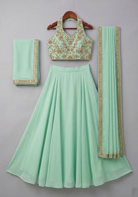 Girls Green Georgette Embroidered Handwork Lehenga Set