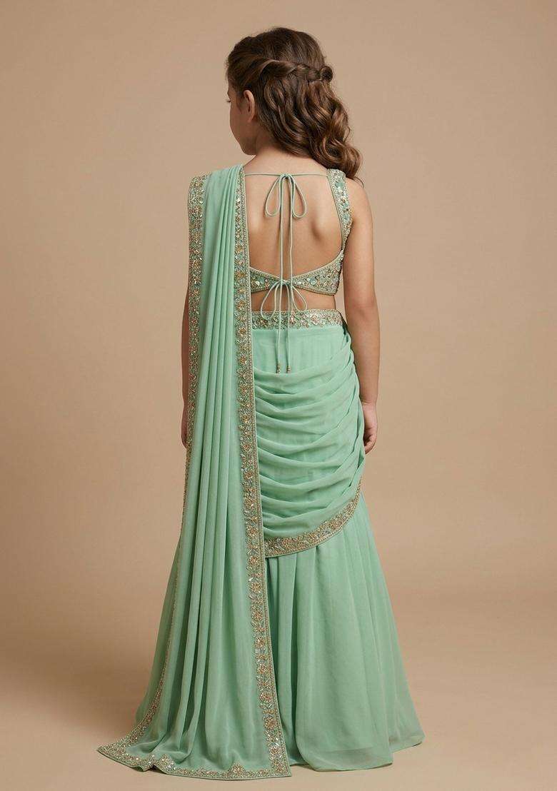 Girls Green Georgette Embroidered Handwork Lehenga Set - Indya