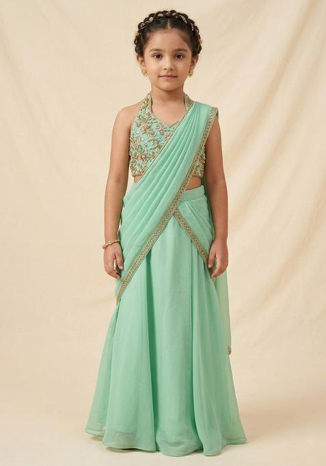 Girls Green Georgette Embroidered Handwork Lehenga Set