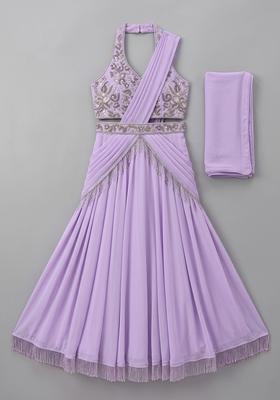 Girls Lavender Georgette Embroidered Handwork Lehenga Set