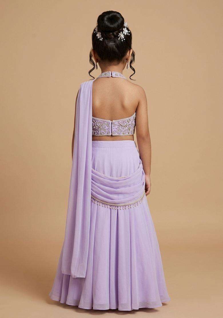 Girls Lavender Georgette Embroidered Handwork Lehenga Set - Indya