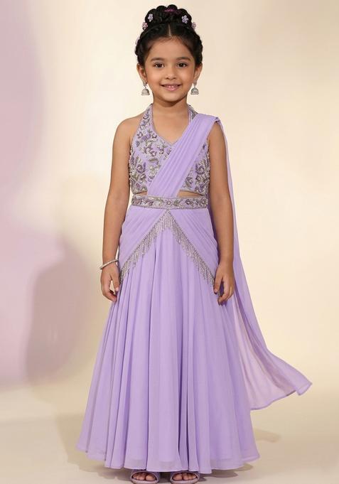 Girls Lavender Georgette Embroidered Handwork Lehenga Set