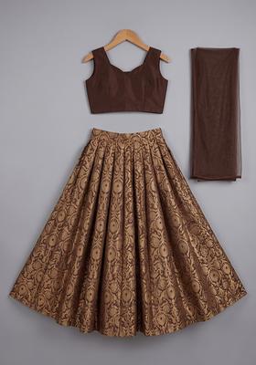 Girls Brown Silk Lehenga Set