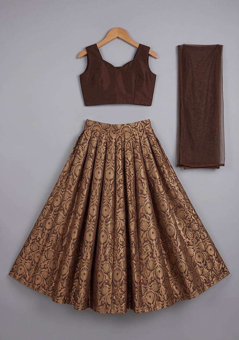 Girls Brown Silk Lehenga Set - Indya
