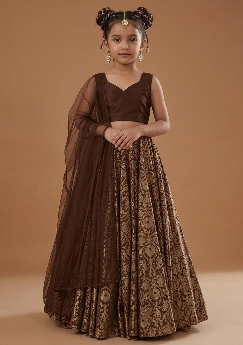 Girls Brown Silk Lehenga Set - Indya