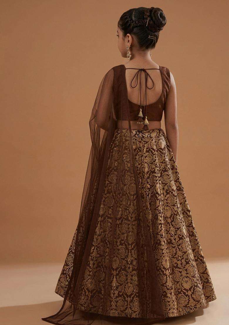 Girls Brown Silk Lehenga Set - Indya