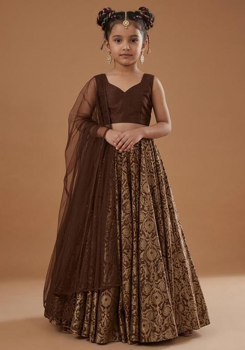 Girls Brown Silk Lehenga Set