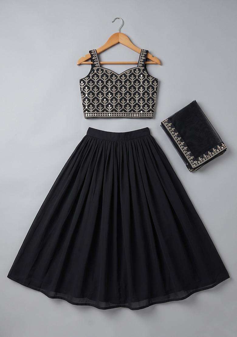 Girls Jet Black Embroidered Georgette Lehenga Set - Indya