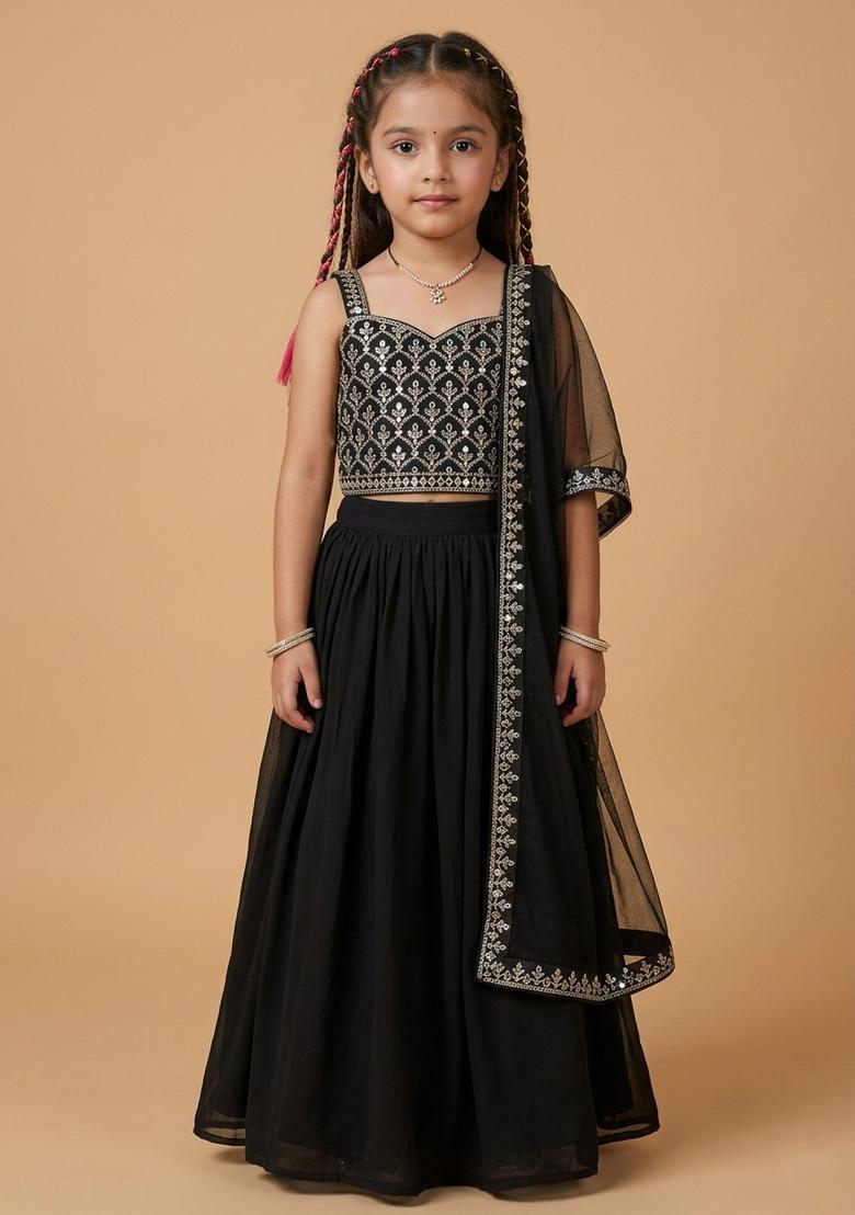 Girls Jet Black Embroidered Georgette Lehenga Set - Indya