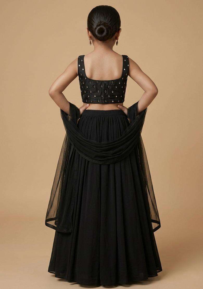 Girls Jet Black Embroidered Georgette Lehenga Set - Indya