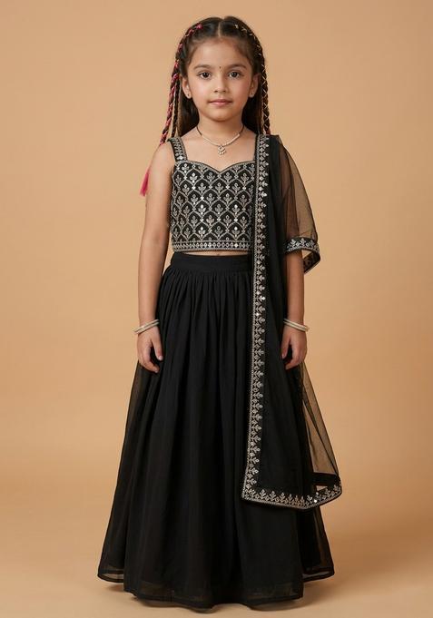 Girls Jet Black Embroidered Georgette Lehenga Set