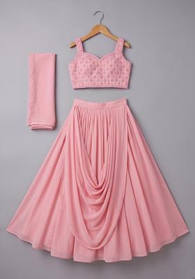 Girls Pink Embroidered Georgette Lehenga Set