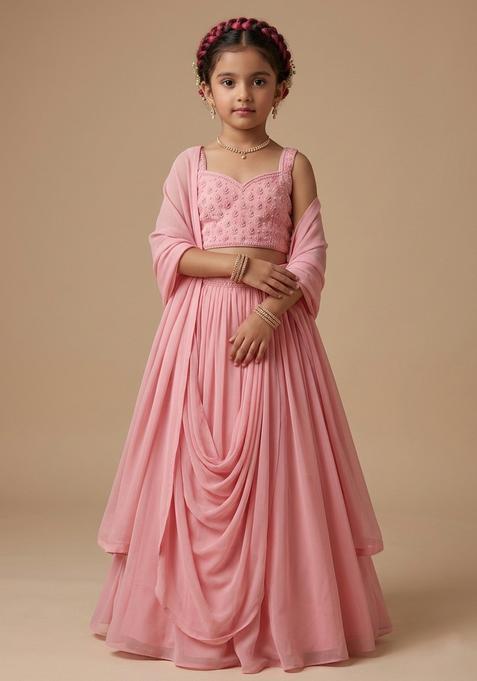 Girls Pink Embroidered Georgette Lehenga Set