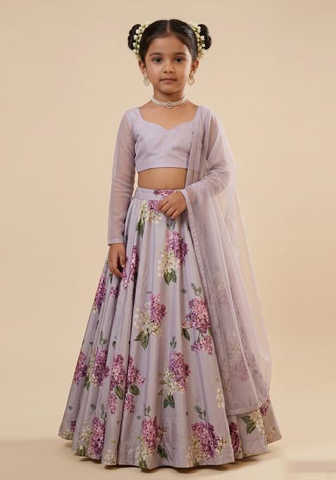 Girls Dusty Pink Printed Georgette Lehenga Set
