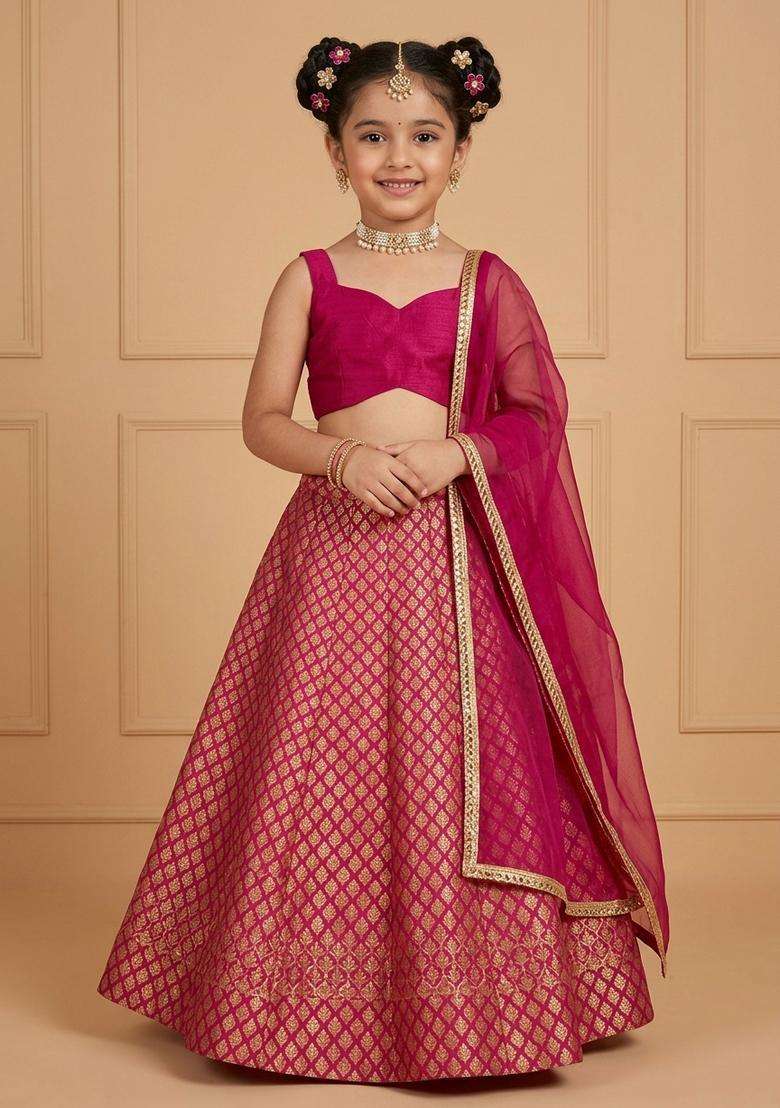 Girls Rani Pink Brocade Lehenga Set - Indya