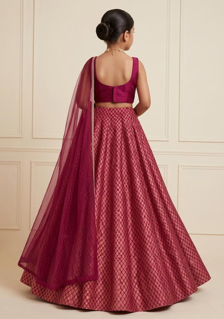Girls Rani Pink Brocade Lehenga Set - Indya