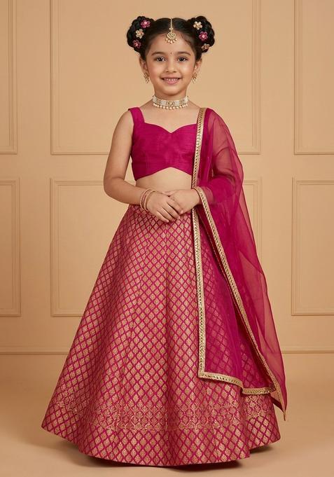 Girls Rani Pink Brocade Lehenga Set