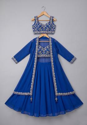 Girls Royal Blue Embroidered Handwork Lehenga Set
