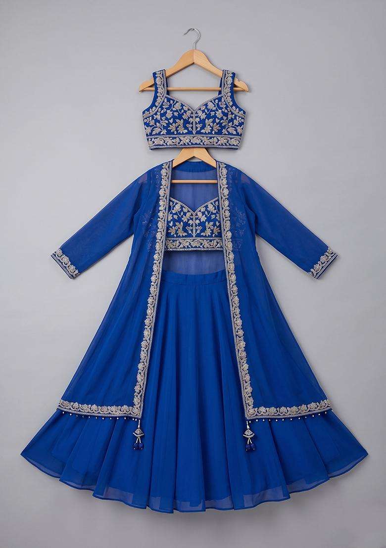 Girls Royal Blue Embroidered Handwork Lehenga Set - Indya