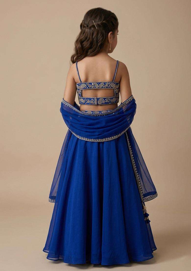 Girls Royal Blue Embroidered Handwork Lehenga Set - Indya