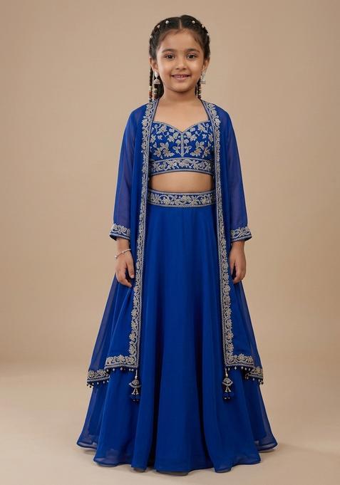 Girls Royal Blue Embroidered Handwork Lehenga Set