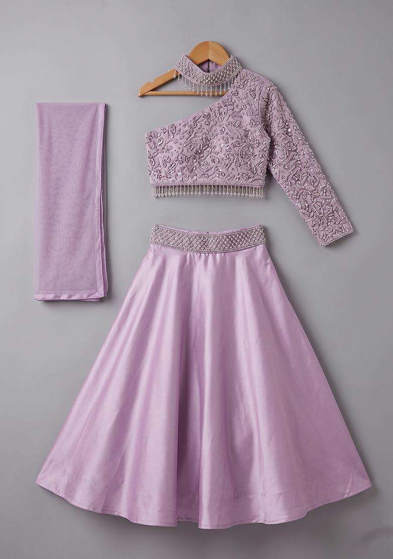 Girls Lavendar Embroidered Handwork Lehenga Set - Indya