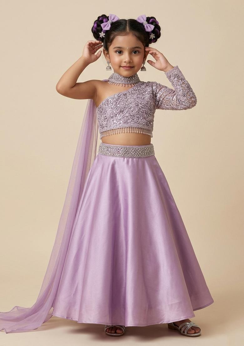 Girls Lavendar Embroidered Handwork Lehenga Set - Indya