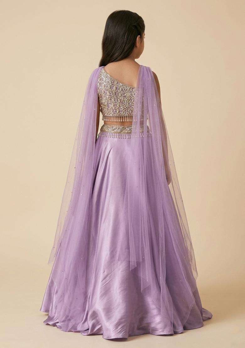 Girls Lavendar Embroidered Handwork Lehenga Set - Indya