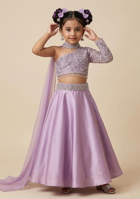 Girls Lavendar Embroidered Handwork Lehenga Set