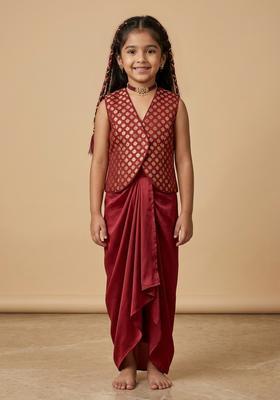 Girls Maroon Jacquard Silk Fusion Set