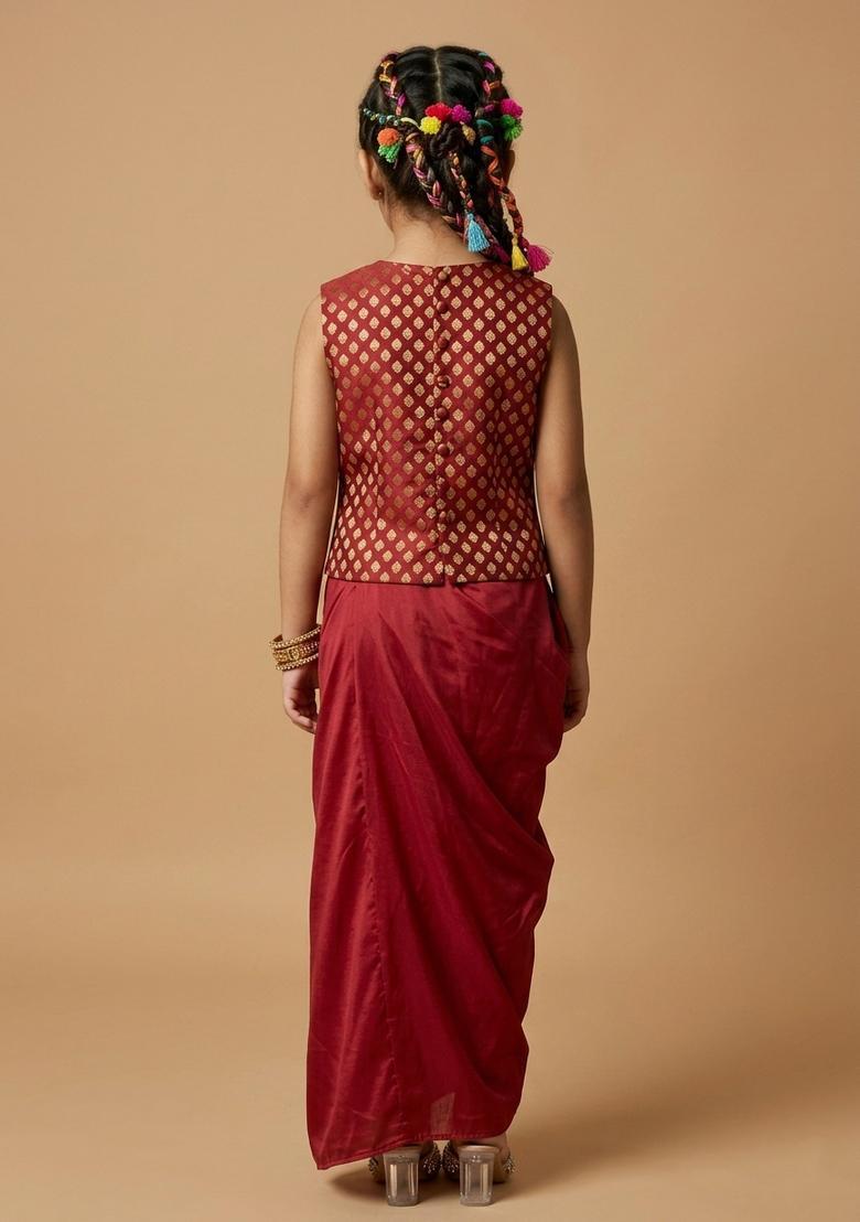 Girls Maroon Jacquard Silk Fusion Set - Indya