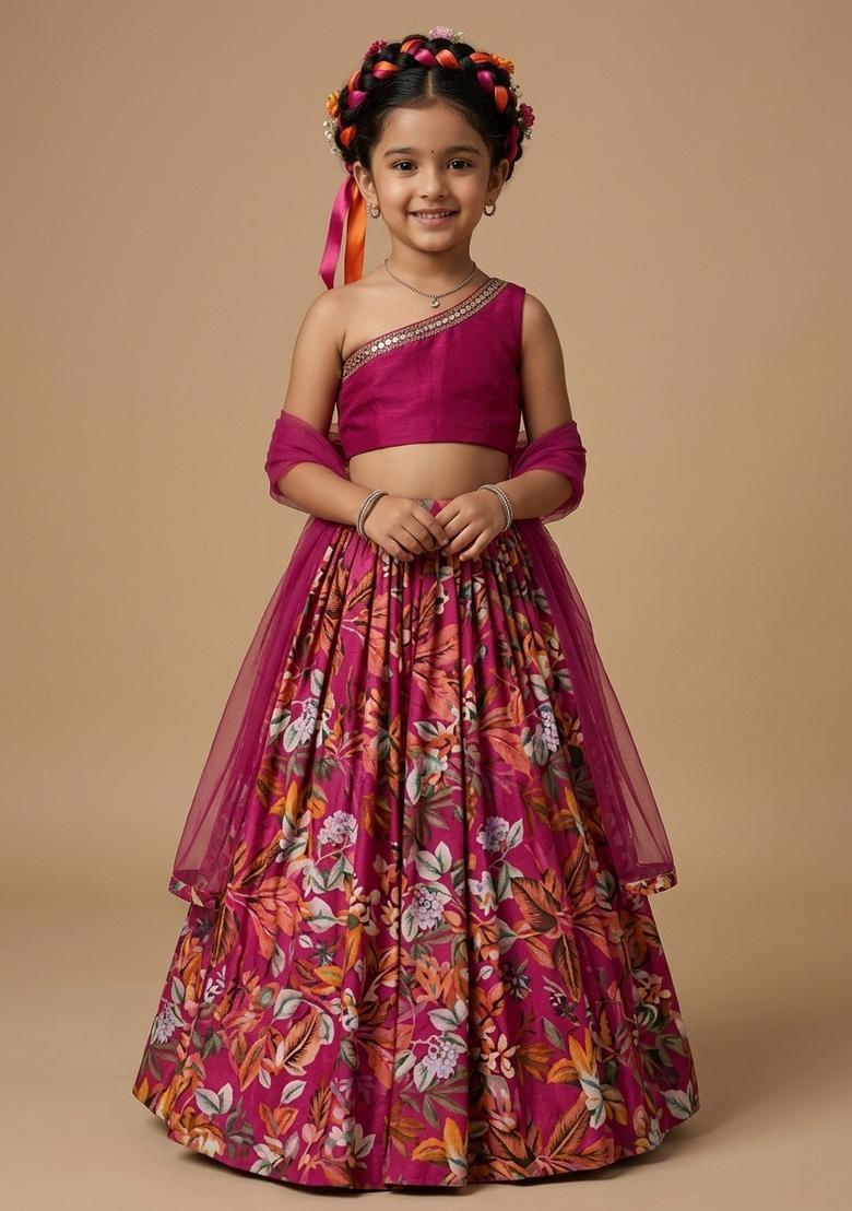 Girls Magenta Printed Handwork Lehenga Set - Indya