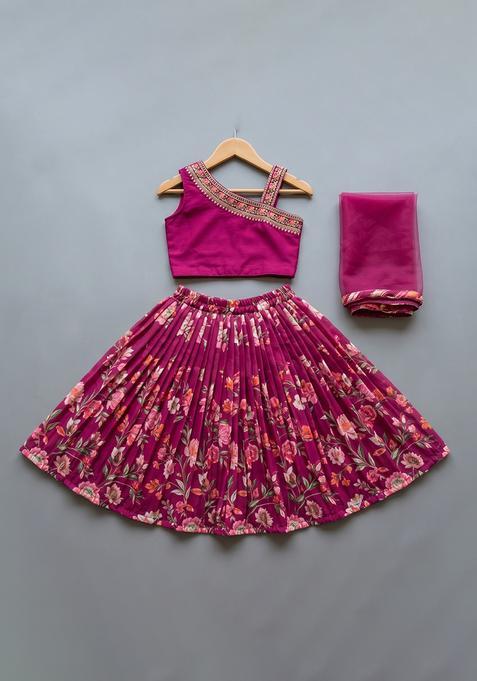 Girls Magenta Printed Handwork Lehenga Set