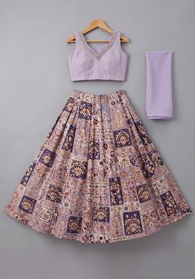 Girls Lavender Printed Handwork Lehenga Set