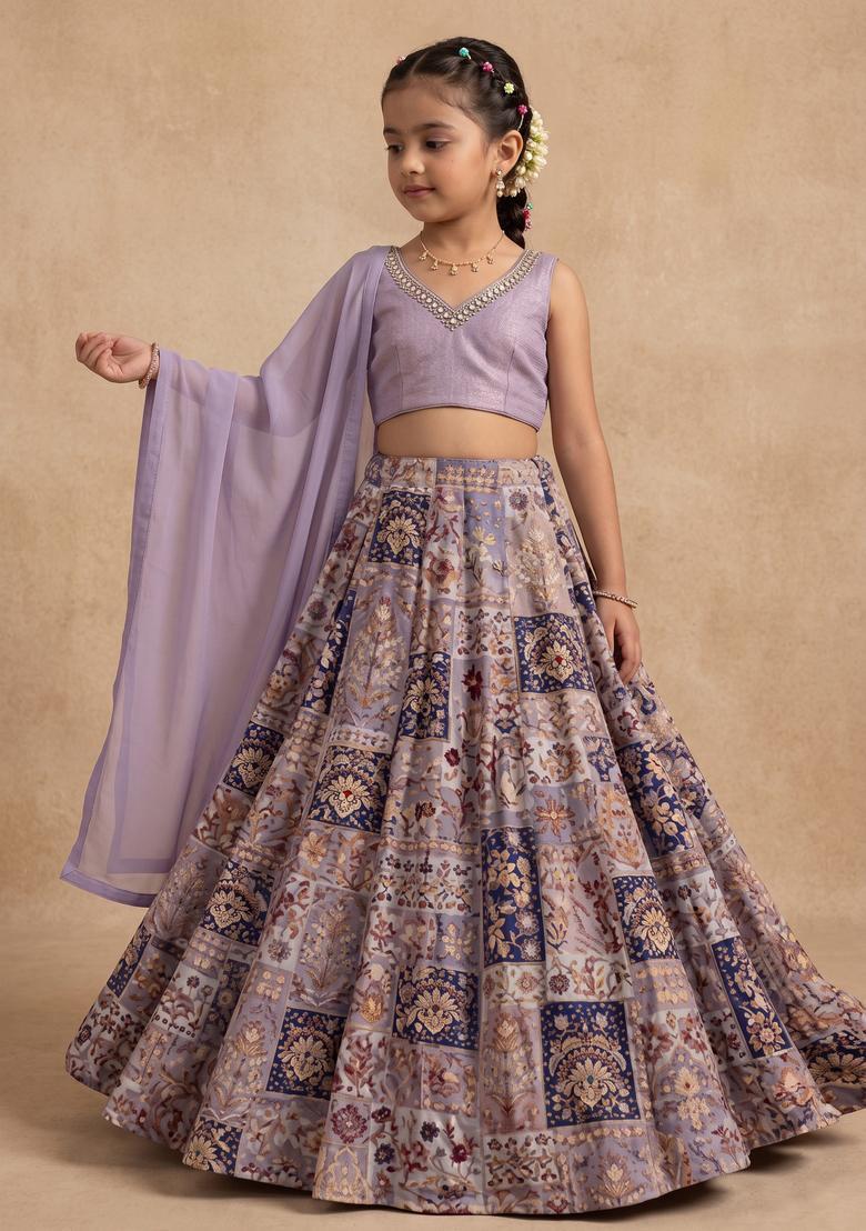 Girls Lavender Printed Handwork Lehenga Set - Indya