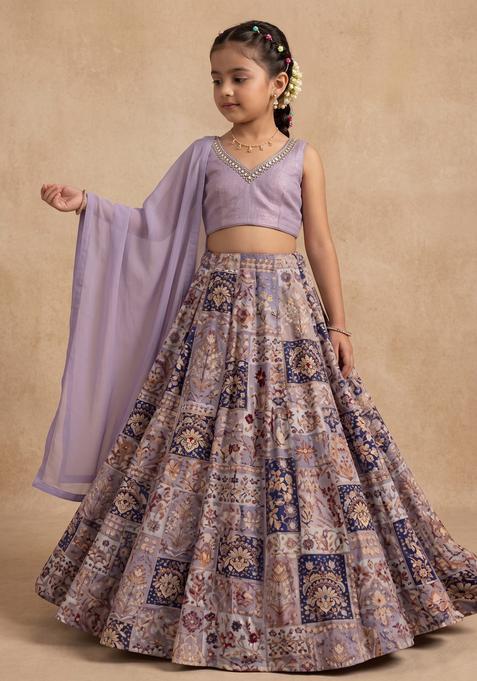Girls Lavender Printed Handwork Lehenga Set