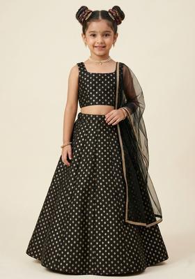 Girls Jet Black Printed Crepe Lehenga Set
