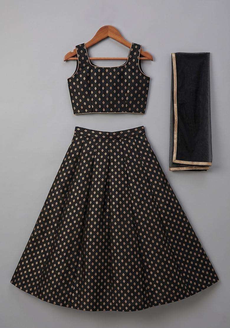 Girls Jet Black Printed Crepe Lehenga Set - Indya