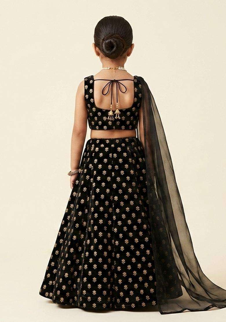 Girls Jet Black Printed Crepe Lehenga Set - Indya