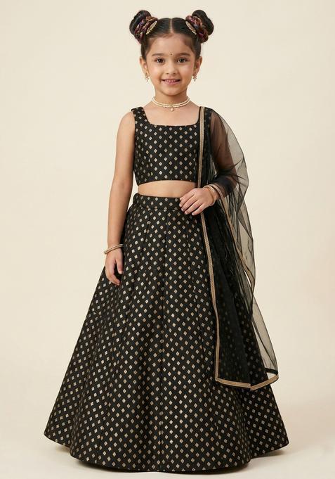 Girls Jet Black Printed Crepe Lehenga Set