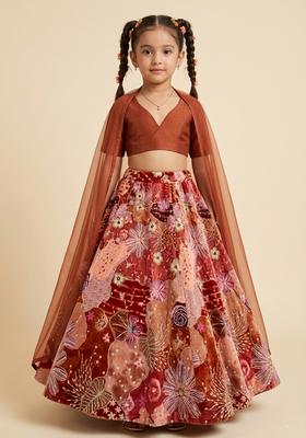 Girls Rust Red Printed Crepe Lehenga Set