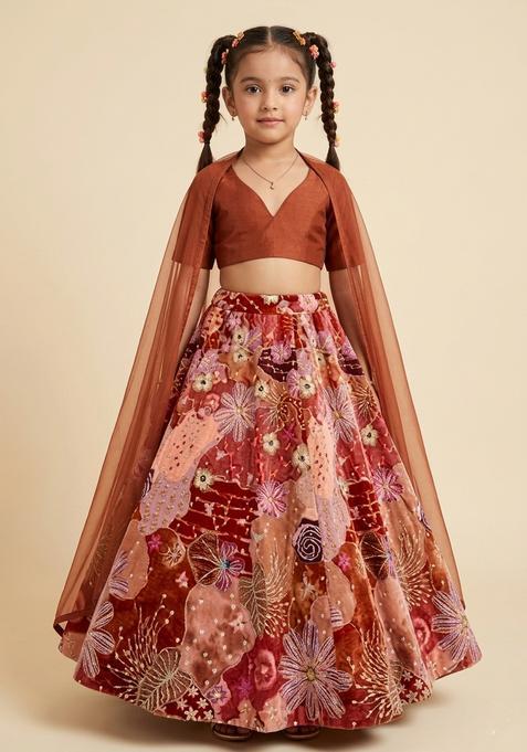 Girls Rust Red Printed Crepe Lehenga Set