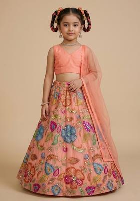 Girls Coral Peach Printed Poly Blend Lehenga Set