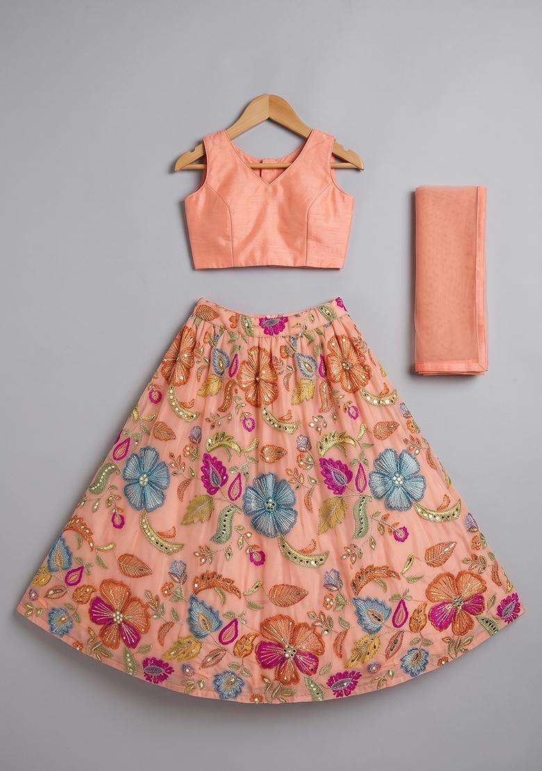 Girls Coral Peach Printed Poly Blend Lehenga Set - Indya